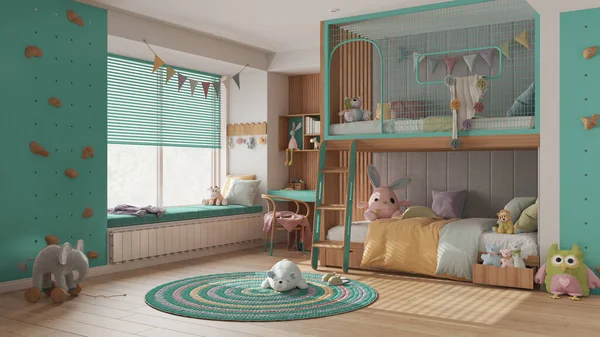 Modern Children Bedroom Bunk Bed Turquoise Pastel Tones Parquet Floor — 스톡 사진