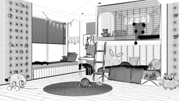 Proje taslağı, ranzalı modern çocuk odası, parke zemin, jaluzili büyük pencere, masa, oyuncaklı halı, yastıklı yatak ve yorgan. İç tasarım