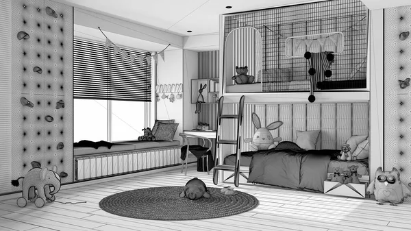 未完成のプロジェクトの草案は 2段ベッド 寄木細工の床 ベンチとブラインド おもちゃ付きカーペット 枕と羽毛布団付きのベッド付きのモダンな子供の寝室 インテリアデザイン — ストック写真