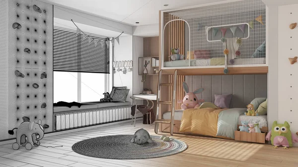 Mimari iç mimar konsepti: elle çizilmiş tamamlanmamış proje, ranzalı yatak odası, parke, pencere, masa, oyuncaklı halı, yastıklı iki yatak