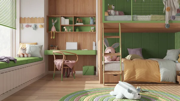 Modern Children Wooden Bedroom Bunk Bed Green Pastel Tones Parquet — Photo