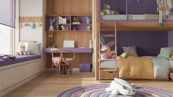 Modern Children Wooden Bedroom Bunk Bed Purple Pastel Tones Parquet — Zdjęcie stockowe
