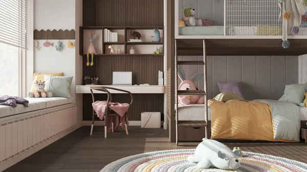 Modern çocuklar için ahşap yatak odası, ranzalı yatak odası, parke döşeme, jaluzili büyük pencere, masa, oyuncaklı halı, yastık ve yorgan. İç tasarım