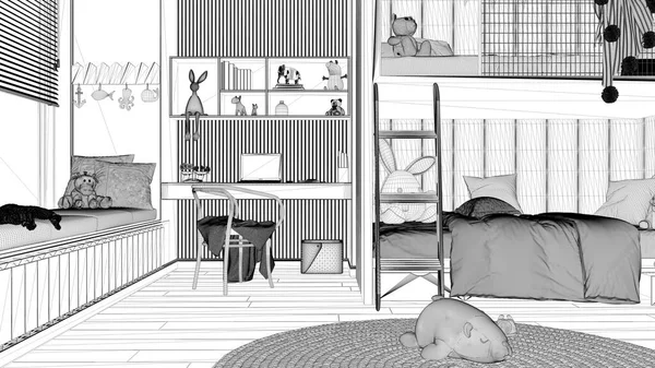 Blueprint Project Draft Modern Bedroom Bunk Bed Parquet Floor Big — стоковое фото