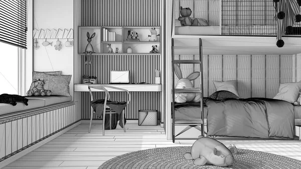 未完成のプロジェクトドラフト 二段ベッド付きのモダンなベッドルーム 寄木細工の床 ベンチとブラインド付きの大きな窓 おもちゃ 羽毛布団付きのカーペット インテリアデザイン — ストック写真