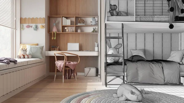 Mimari iç mimar konsepti: elle çizilmiş tamamlanmamış proje, ranzalı yatak odası, parke zemin, bank ve jaluzili büyük pencere, masa