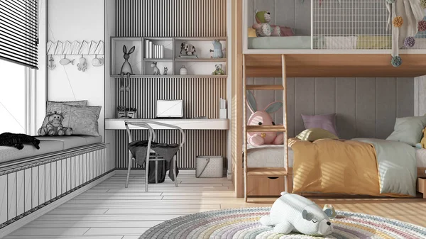 Mimari iç mimar konsepti: elle çizilmiş tamamlanmamış proje, ranzalı yatak odası, parke zemin, bank ve jaluzili büyük pencere, masa