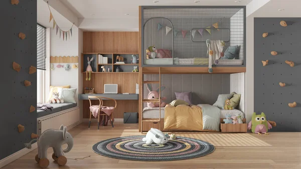 Gri renkli ranzalı, pastel tonlu, parke zeminli, jaluzili büyük pencereli masa, oyuncaklı halı, yastık ve yorgan. Konforlu iç tasarım