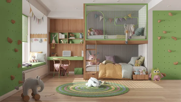 Modern children bedroom with bunk bed in green and pastel tones, parquet floor, big window with bench and blinds, desk, carpet with toys, pillows and duvet. Cozy interior design