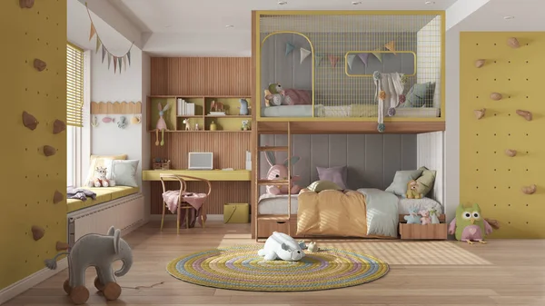 Moderna Habitación Infantil Con Litera Tonos Amarillos Pastel Suelo Parquet — Foto de Stock