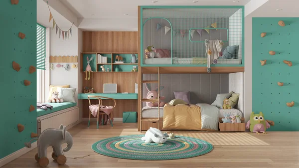 Modern Children Bedroom Bunk Bed Turquoise Pastel Tones Parquet Floor — Fotografia de Stock