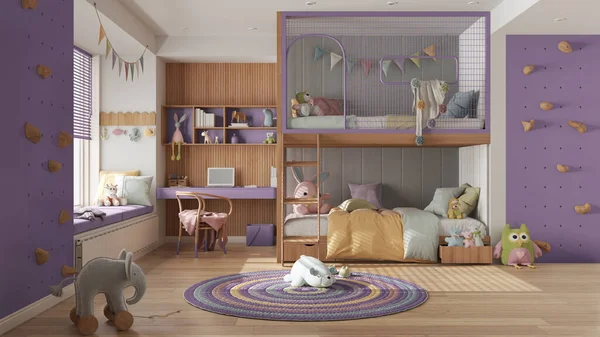 现代儿童房 有双层床 带有紫色和淡紫色色调 软垫地板 大窗户 长椅和窗帘 枕头和羽绒被 舒适的室内设计 — 图库照片