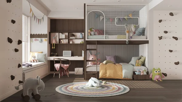 Moderna Habitación Para Niños Con Litera Tonos Oscuros Pastel Suelo — Foto de Stock