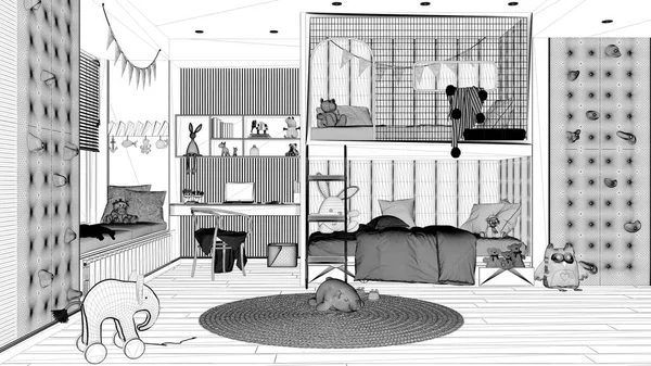 Proje taslağı, ranzalı modern çocuk odası, parke zemin, bank ve jaluzili büyük pencere, masa, oyuncaklı halı, yastıklar ve yorgan. Konforlu iç tasarım