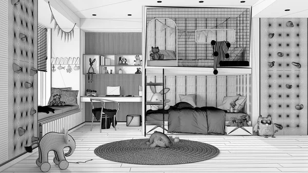 Unfinished Project Draft Modern Children Bedroom Bunk Bed Parquet Floor — стоковое фото