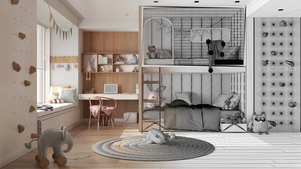 Mimari iç mimar konsepti: bitirilmemiş el yapımı taslak proje, ranzalı yatak odası, parke zemin, bank ve jaluzili büyük pencere,