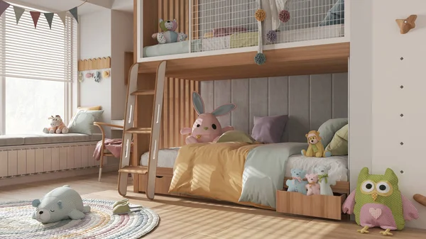Wooden Modern Children Bedroom Bunk Bed White Pastel Tones Parquet — Fotografia de Stock