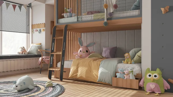 Wooden Modern Children Bedroom Bunk Bed Gray Pastel Tones Parquet — Fotografia de Stock