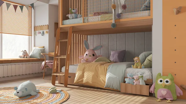 Wooden Modern Children Bedroom Bunk Bed Orange Pastel Tones Parquet — 스톡 사진