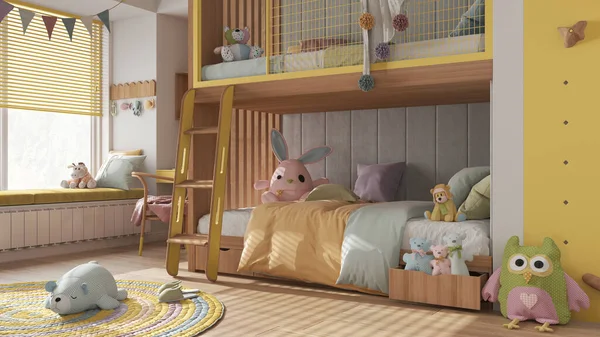 Wooden Modern Children Bedroom Bunk Bed Yellow Pastel Tones Parquet — Fotografia de Stock