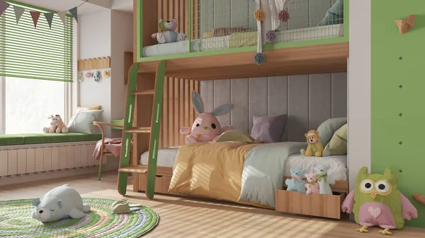 파스텔 색조의 침대가 어린이들의 응접실 벤치와 블라인드가 커다란 장난감 장식용 — 스톡 사진