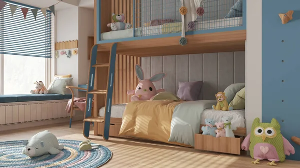 파란색 파스텔 침대가 어린이들의 응접실 벤치와 블라인드가 커다란 장난감 턱받이가 — 스톡 사진