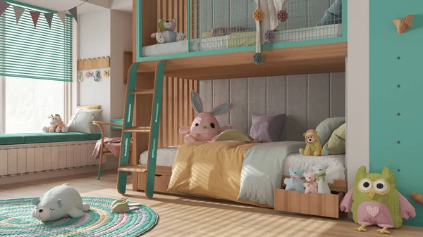 Wooden Modern Children Bedroom Bunk Bed Turquoise Pastel Tones Parquet — Fotografia de Stock