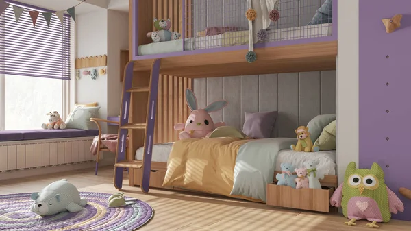 Wooden Modern Children Bedroom Bunk Bed Purple Pastel Tones Parquet — Stock Photo, Image