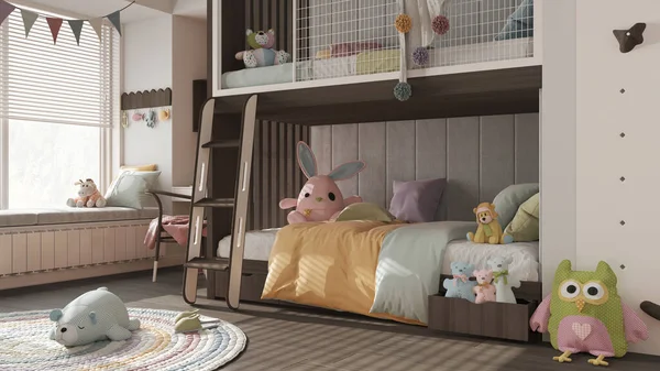 Wooden Modern Children Bedroom Bunk Bed Dark Pastel Tones Parquet — Fotografia de Stock