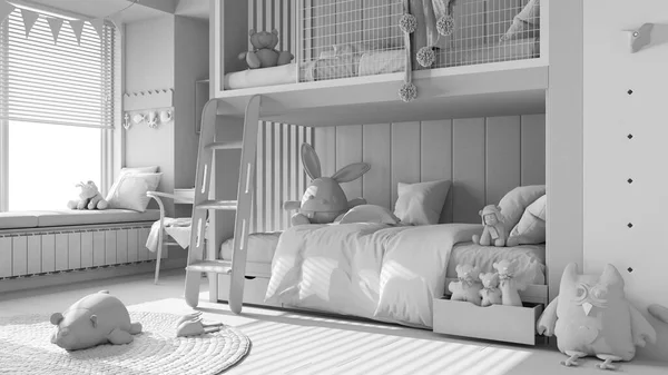Total White Project Draft Wooden Modern Children Bedroom Bunk Bed — Zdjęcie stockowe