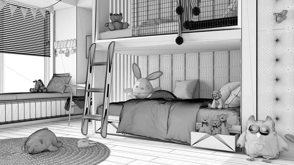 Незавершенный Проект Деревянная Современная Детская Спальня Двухъярусной Кроватью Паркетный Пол — стоковое фото