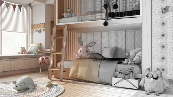 인테리어 디자이너 손으로 미완성 프로젝트는 현실이 침대가 아이들의 장난감 턱받이 — 스톡 사진