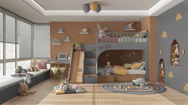 Moderna Habitación Infantil Madera Con Litera Tonos Grises Pastel Suelo — Foto de Stock