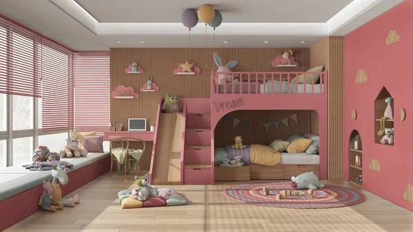 분홍색 파스텔 색조의 침대가 현대식 아이들의 응접실 소파가 의자가 장난감 — 스톡 사진