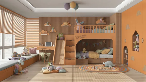 Modern Wooden Children Bedroom Bunk Bed Orange Pastel Tones Parquet — Zdjęcie stockowe