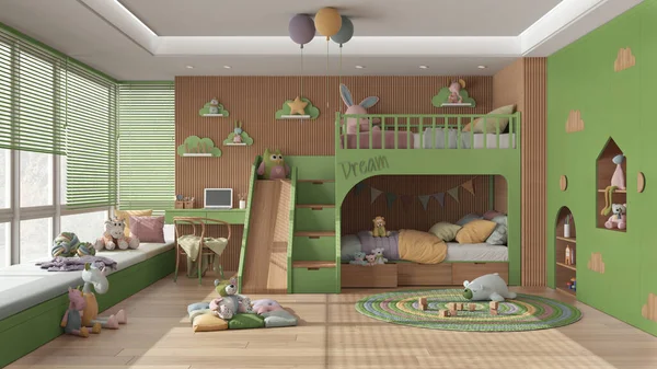 Moderna Habitación Infantil Madera Con Litera Tonos Verdes Pastel Suelo —  Fotos de Stock