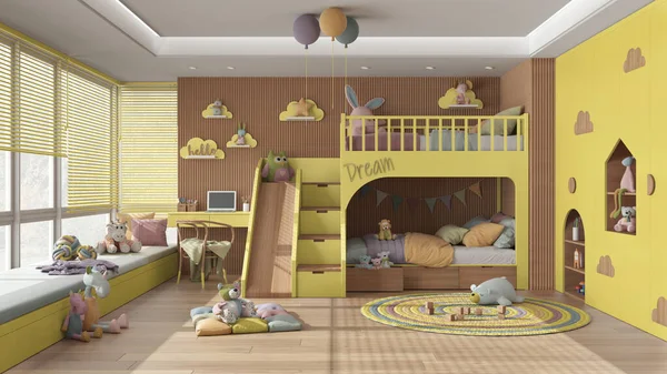 Modern Gyermek Hálószoba Emeletes Ággyal Sárga Pasztell Tónusú Parkettás Padló — Stock Fotó