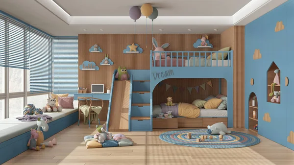 Modern Wooden Children Bedroom Bunk Bed Blue Pastel Tones Parquet — стоковое фото