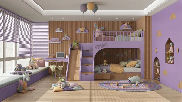Μοντέρνο Ξύλινο Παιδικό Υπνοδωμάτιο Κουκέτα Μωβ Και Παστέλ Αποχρώσεις Παρκέ — Φωτογραφία Αρχείου