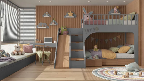 Cozy Wooden Children Bedroom Bunk Bed Gray Pastel Tones Parquet — Stock Photo, Image