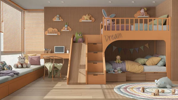 Cozy Wooden Children Bedroom Bunk Bed Orange Pastel Tones Parquet — Stock Photo, Image