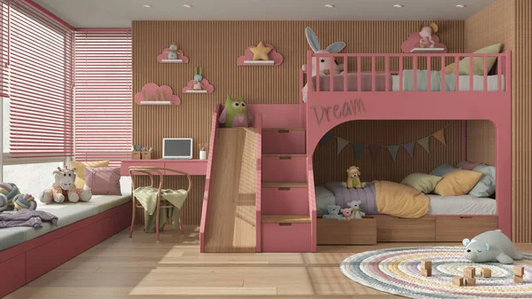 Cozy Wooden Children Bedroom Bunk Bed Pink Pastel Tones Parquet — Fotografia de Stock