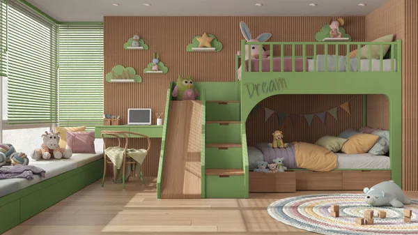 Cozy Wooden Children Bedroom Bunk Bed Green Pastel Tones Parquet — Stock Photo, Image