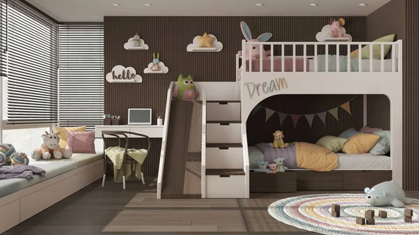 Cozy Wooden Children Bedroom Bunk Bed Dark Pastel Tones Parquet — Zdjęcie stockowe