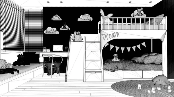 Blueprint Project Draft Cozy Children Bedroom Bunk Bed Parquet Floor — Stock fotografie