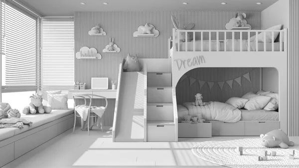 全白色的项目草案 舒适的儿童卧室与双层床 聚餐地板 大窗户与威尼斯百叶窗 书桌与椅子 玩具和装饰 室内设计概念 — 图库照片