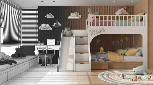인테리어 디자이너 손으로 미완성 프로젝트는 실제가 장난감 어린이 침실이 — 스톡 사진