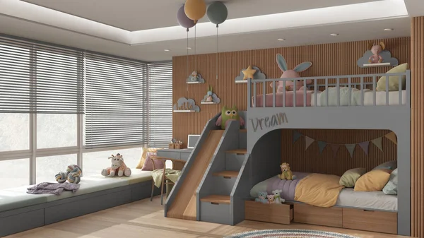 파스텔 색조의 침대가 현대식 아이들의 응접실 사다리와 미끄럼틀 장난감 사물함 — 스톡 사진
