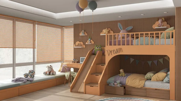 现代木制儿童卧室 双层床为橙色和柔和色调 软垫地板 大窗户与沙发 梯子和滑梯 书桌与椅子 室内设计 — 图库照片