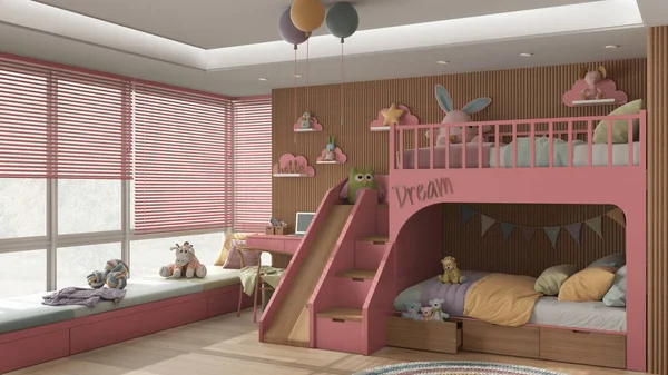 Modern Wooden Children Bedroom Bunk Bed Red Pastel Tones Parquet — Zdjęcie stockowe